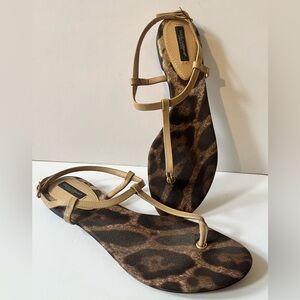 Dolce & Gabbana Patent Leather Beige and Brown Thong Ankle Strap Sandals 39 1/2